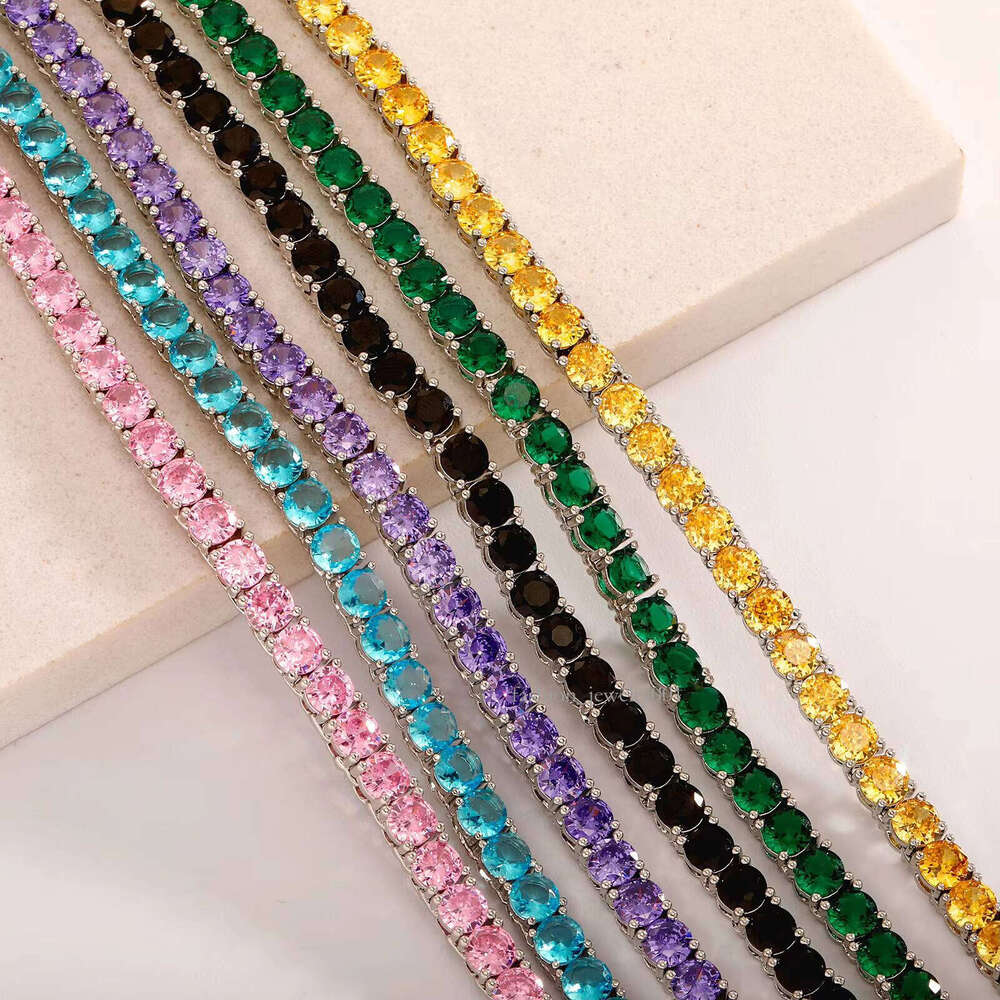 Cross-Border Fashion Moissanite Necklace Bracelet Single Row Full Tennis Chain with Colorful Zircon Hip-Hop Style