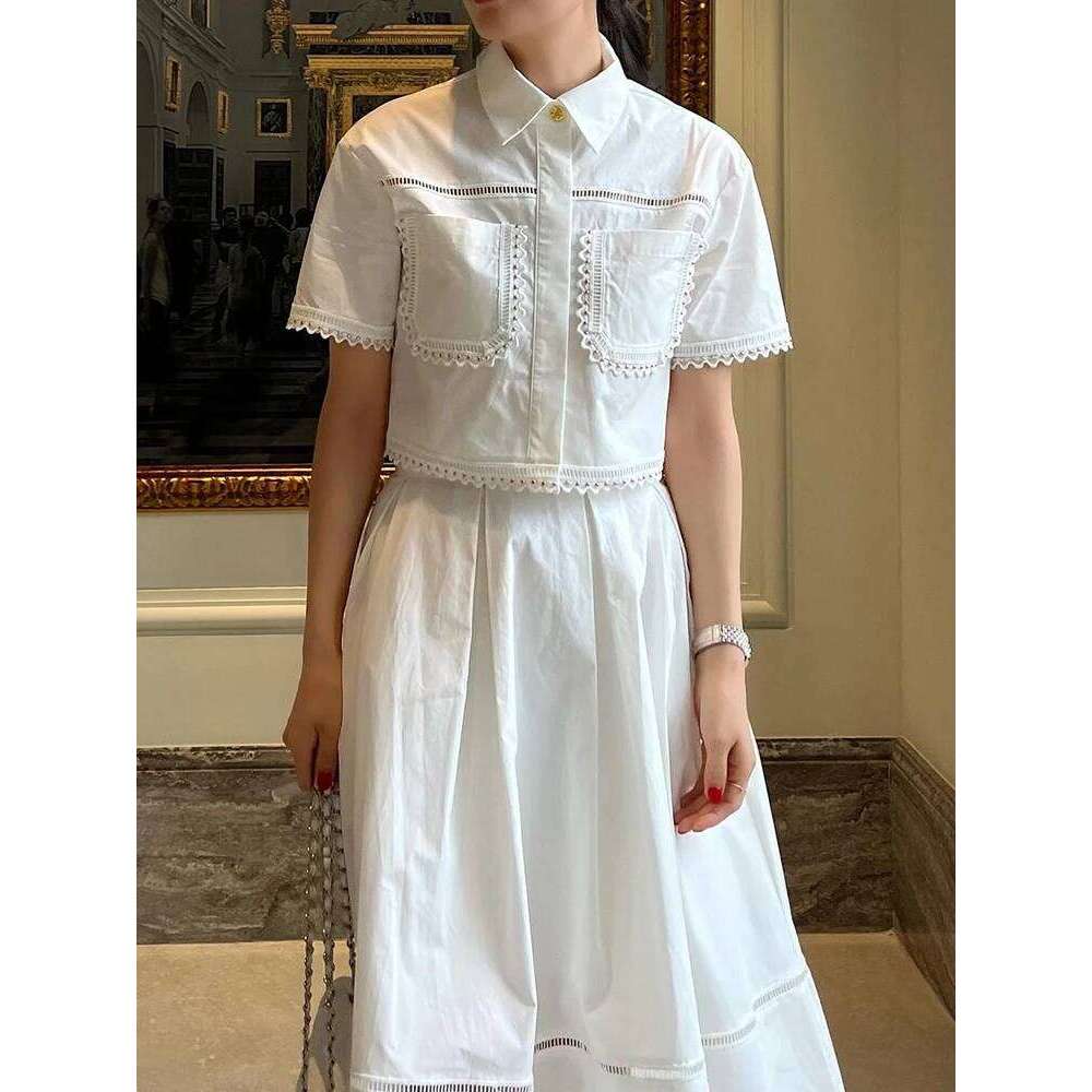 Elegant Two Piece Sets For Women Lapel Short Sleeve Tops High Waist A Line Pleated Skirts Solid Set Female Summer