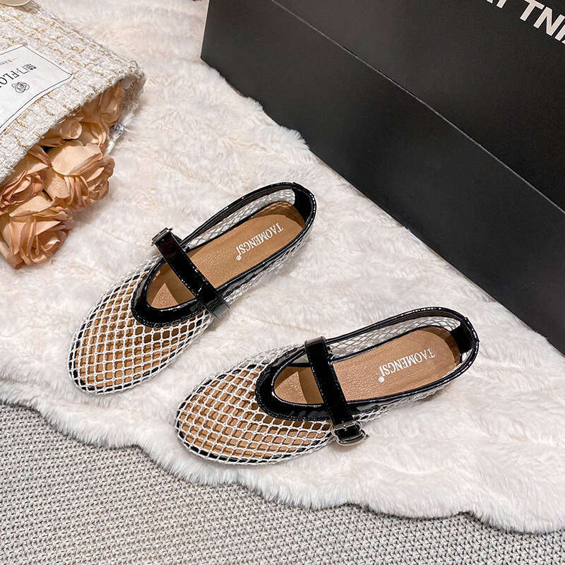 35-43 Breathable Mesh Flat One Strap Single Shoes Mary Jane Sandals Women