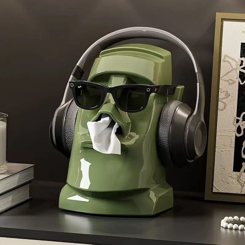 Moai Statue Tissue Box Plastic Creative Earphone Holder Desktop Paper Storage Box 2 in 1 Multifuntional Storage Rack Home Decor 250725
