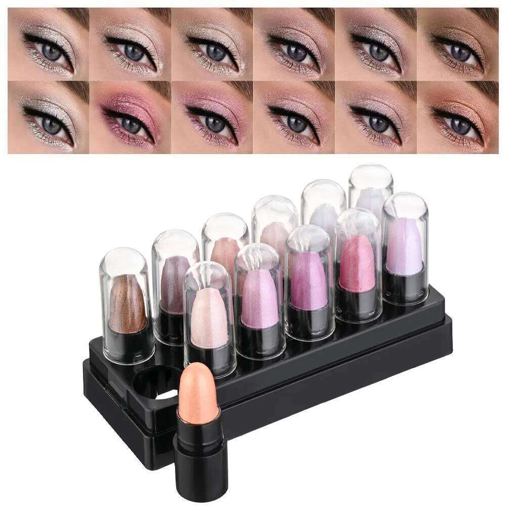 12 Colors Glitter Gradient Eye shadow Stick Pen Makeup Set, Waterproof Shimmer Pink Eyeshadow Sticks X250726