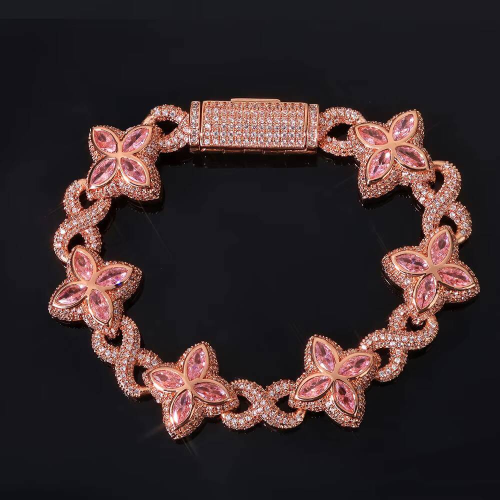 8mm Hip Hop Bracelet Gold Plated Brass Iced Diamond Flower Clover Infinity Miami Cuban Link Fine Jewelry