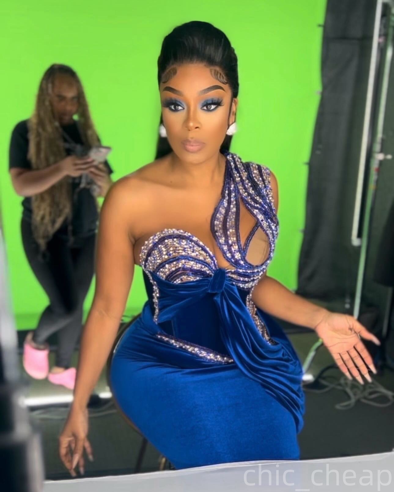 Royal Blue Sheath Evening Dresses One Shoulder Beaded Crystals Velvet Prom Formal Party Second Birthday Engagement Gowns Plus Size Dress For Special O