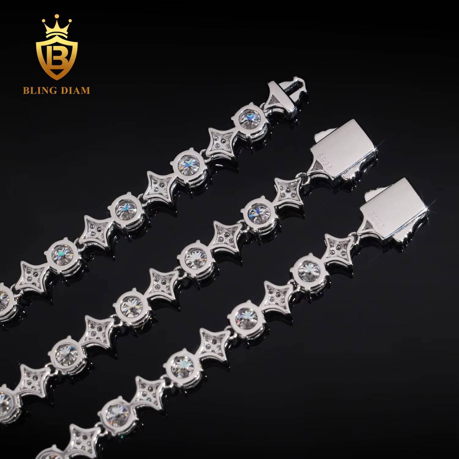 Design New 8mm Iced Out Fashion Star Shape Tennis Chain 925 Silver Moissanite Necklace Bracelet Pass Diamond Tester