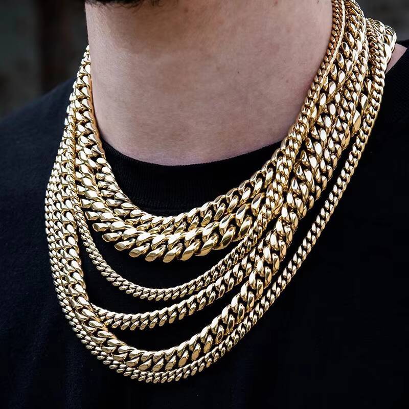 Wholesale 6-14mm Titanium Cuban Necklace Hip Hop 18k Gold Plated Cuban Bracelet Mens Miami Stainless Steel Cuban Link Chain