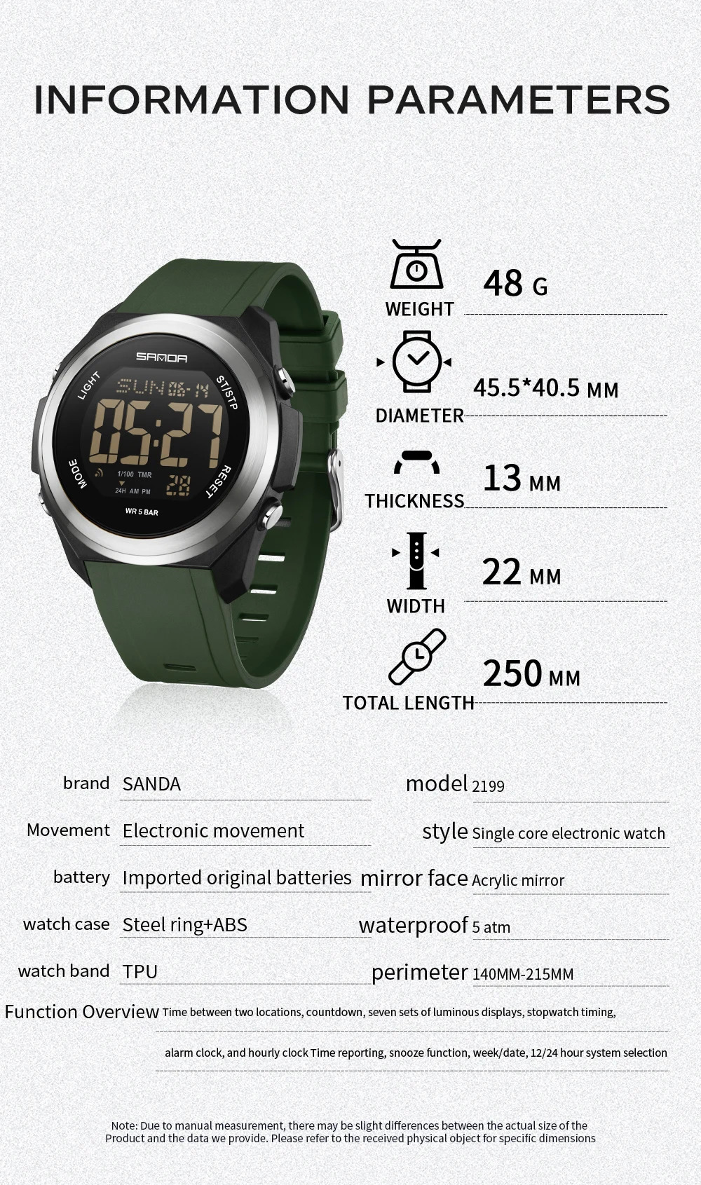 SANDA 2199 Student Digital Electronic Watch Sports Multi-functional Waterproof Colorful LED Mens Electronic Watch 250724