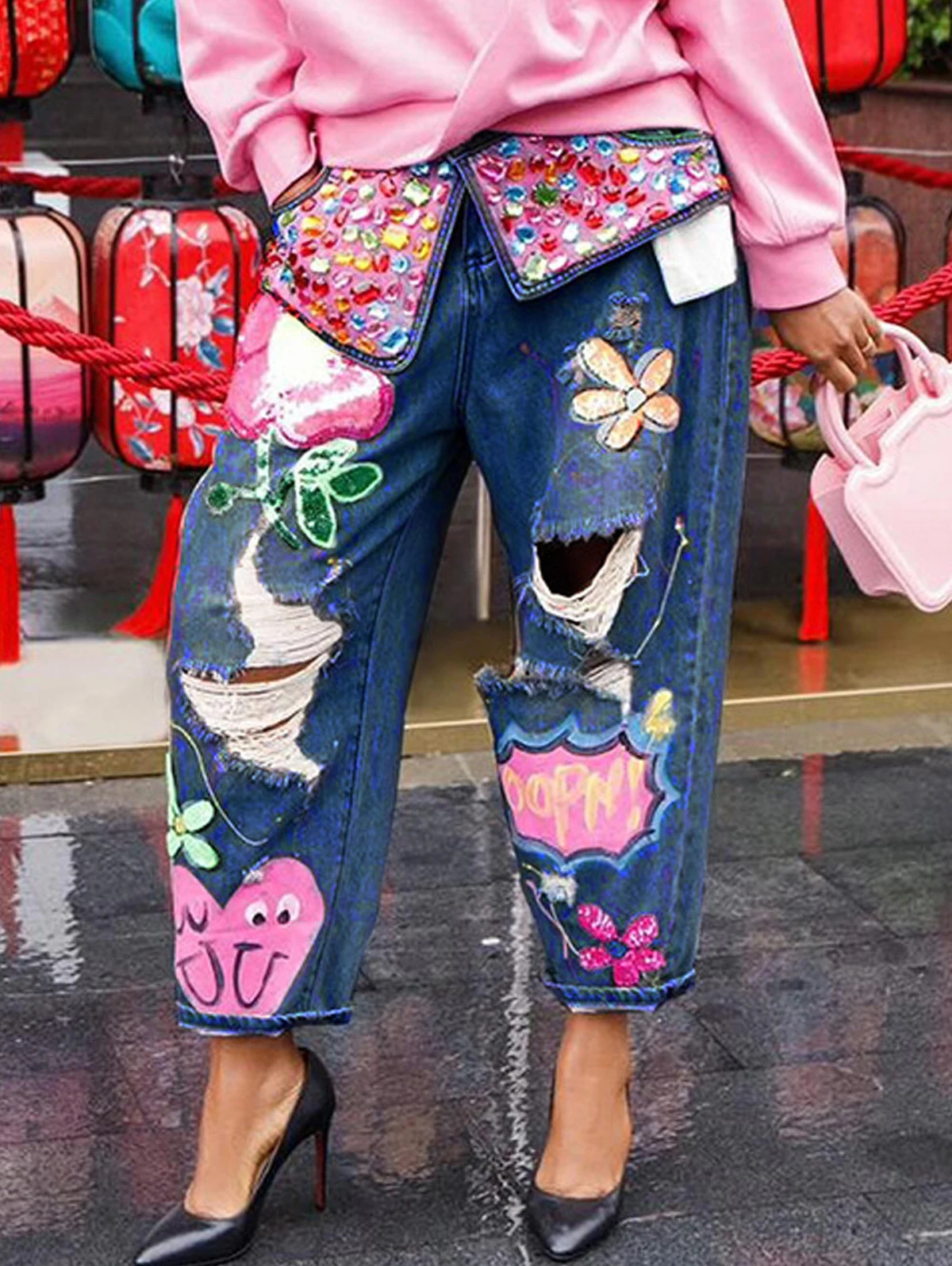 Chic Women Spring Floral Embroidery Diamonds Beaded Holes Denim Pants High Waist Loose s Jeans Cowboy Broken Trousers 250716