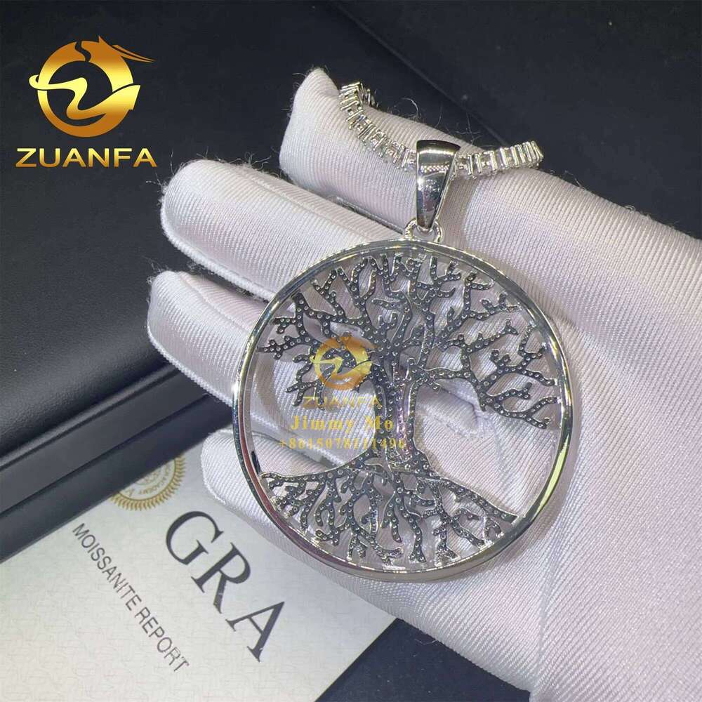 2" Diameter Iced Out Custom Made Sier Hip Hop Jewelry VVS Moissanite Dia Tree of Life Round Pendant Necklace
