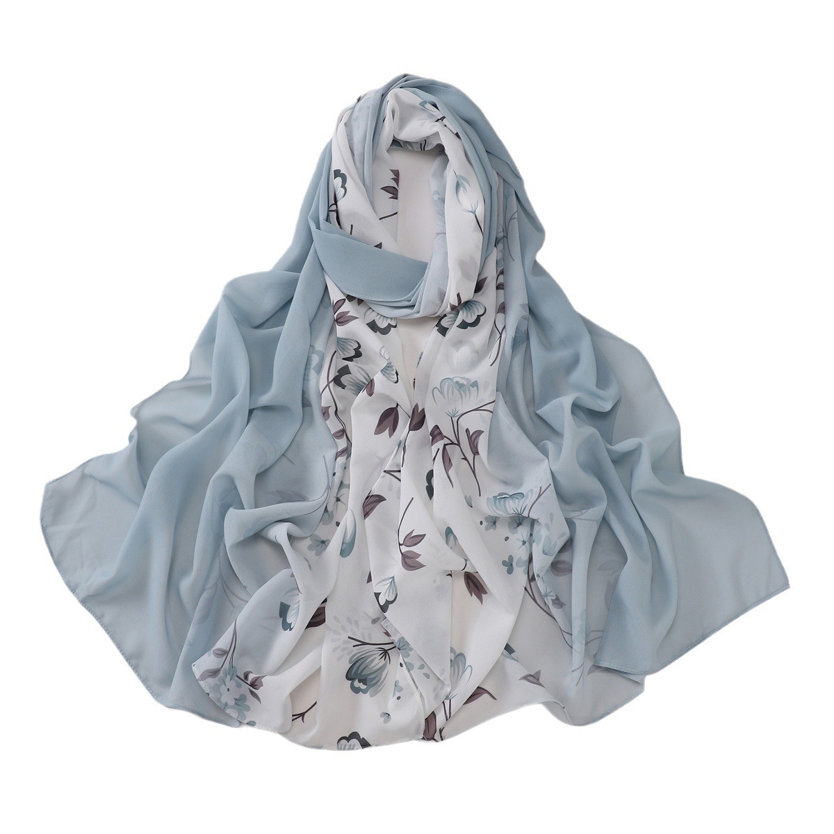 K1484 Cross-border spring and summer new pearl chiffon monochrome plus printed hand-painted gradient floral gauze scarf women's long scarf head w