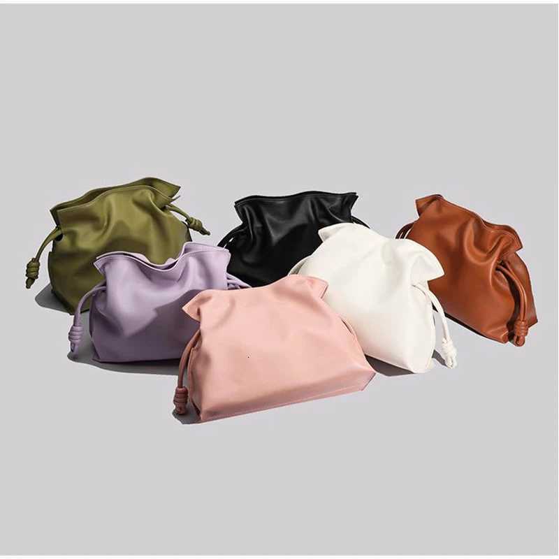 Drawstring Long Shoulder Bag Crossbody Pleated Design Cowhide Lucky Bag Female Fashion Clutch Bucket Bag Roomy Bags H260508