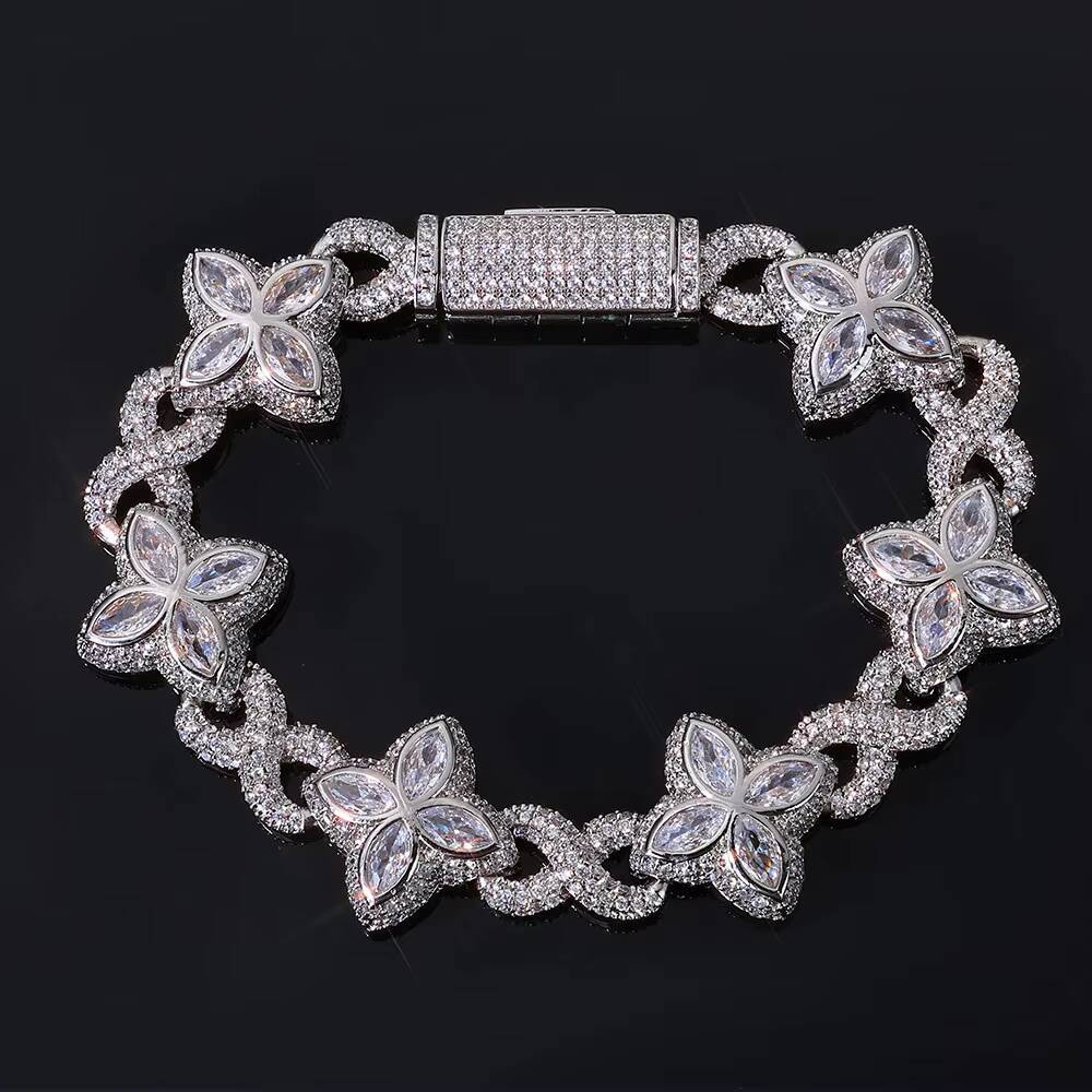 8mm Hip Hop Bracelet Gold Plated Brass Iced Diamond Flower Clover Infinity Miami Cuban Link Fine Jewelry