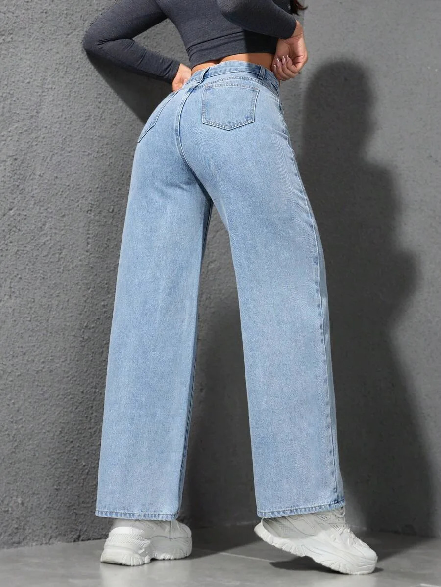 Retro Loose Wide Leg Jeans Fashion Women Solid Straight Wash High Elastic Waist Denim Pants Casual Streetwear Pocket Trousers 250717