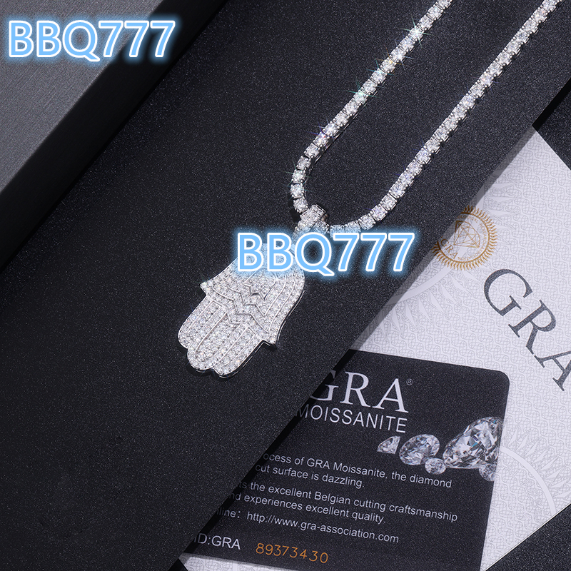Iced Out Pendant Necklace Hamsa Hand Design in 18K Gold Plated S925 Silver with Moissanite for Hip Hop Rappers Bling Jewelry