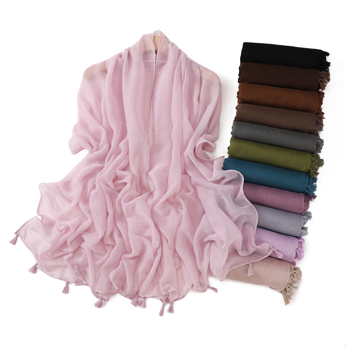 K1489 Small fresh solid color thin flat scarf breathable hanging beard tassel female shawl headscarf gauze scarf