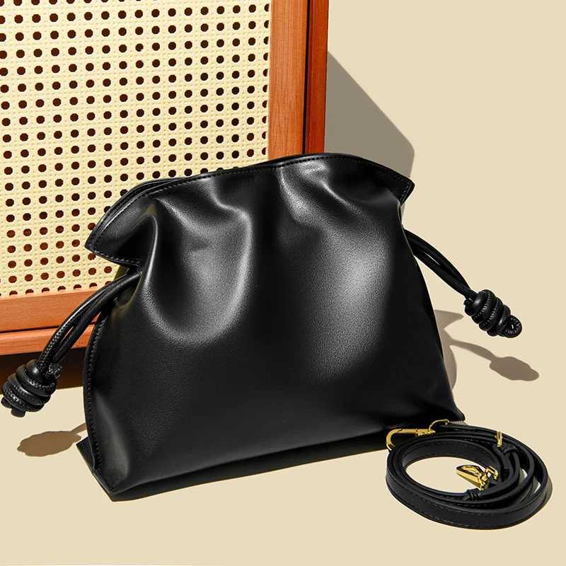 Drawstring Long Shoulder Bag Crossbody Pleated Design Cowhide Lucky Bag Female Fashion Clutch Bucket Bag Roomy Bags H260508