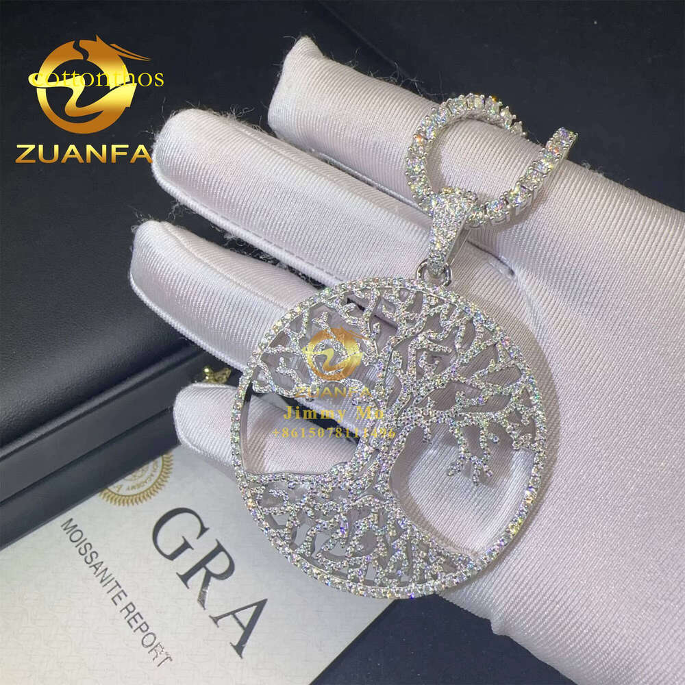 2" Diameter Iced Out Custom Made Sier Hip Hop Jewelry VVS Moissanite Dia Tree of Life Round Pendant Necklace