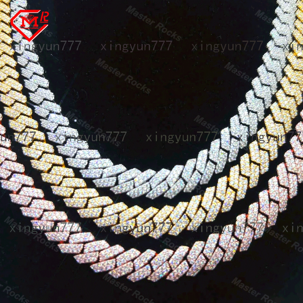 Gra Certificated Moissanite Cuban Chain 10mm 12mmm 14mm 2 Rows 925 Silver Hip Hop Moissanite Cuban Link Chain