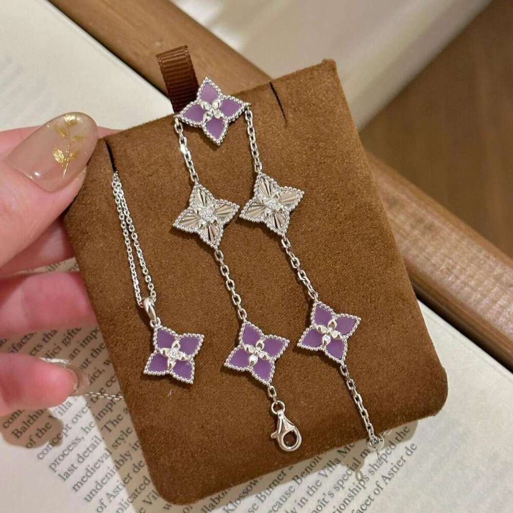 2025 New Luxury Jewelry Designer Bracelet Set Purple Four Leaf Flower Copper Exquisite Premium Clover Necklace Diamond laser shines brightly