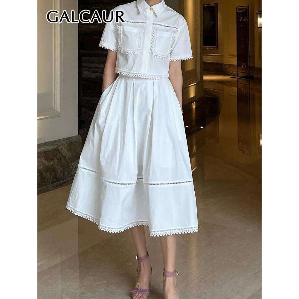 Elegant Two Piece Sets For Women Lapel Short Sleeve Tops High Waist A Line Pleated Skirts Solid Set Female Summer