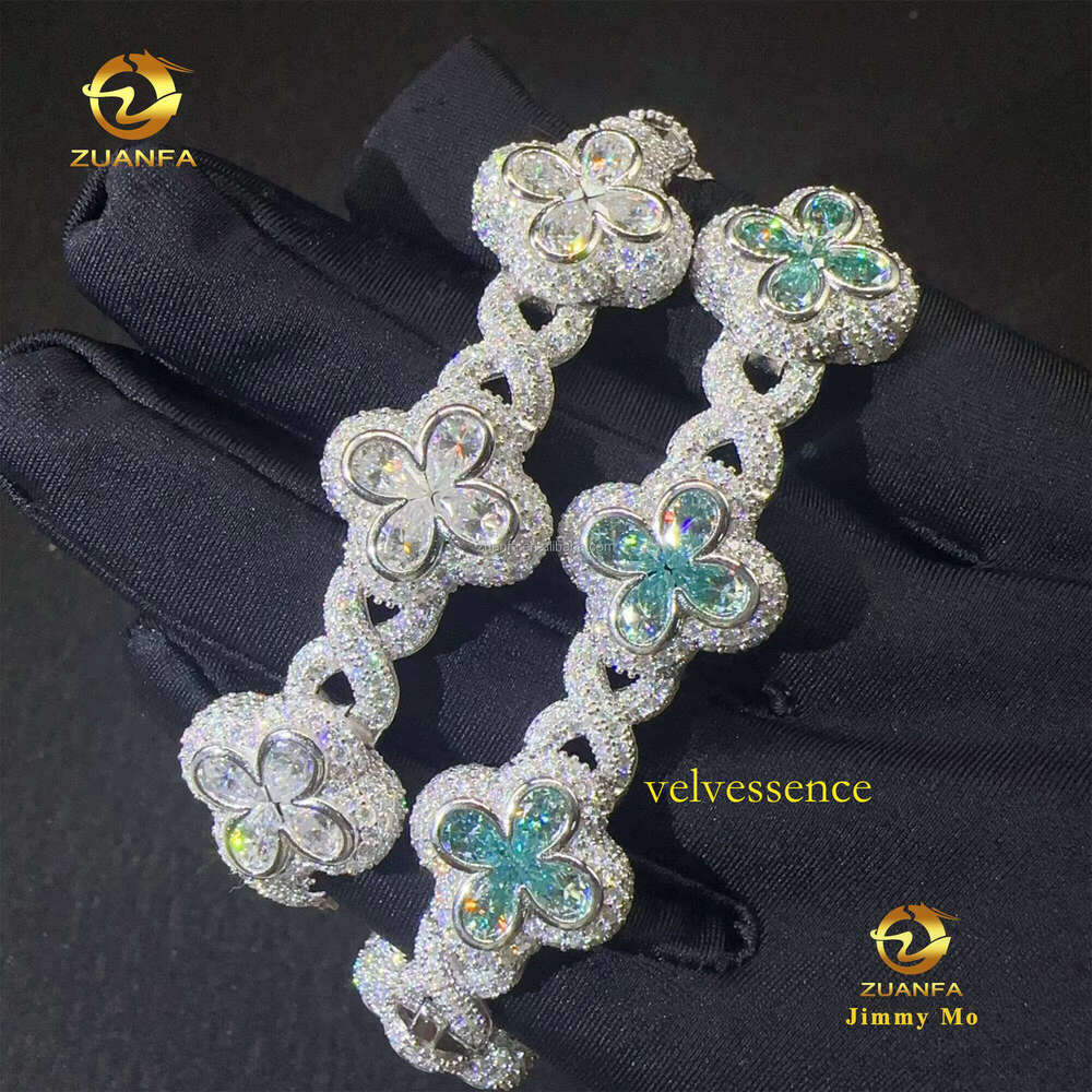 New Arrivals Popular 18mm Pear Flower Design Hip Hop Jewelry Iced Out Blue Green Moissanite Infinity Cuban Link Bracelet for Men