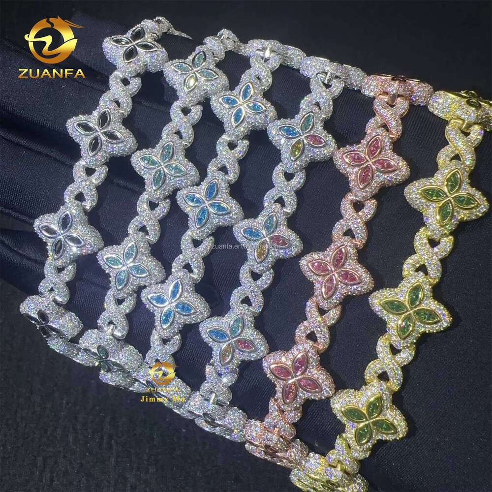 Bulk Stock New 15mm Marquise Flower Design Hip Hop Jewelry Iced Out Moissanite Dia Infinity Cuban Link Bracelet for Men