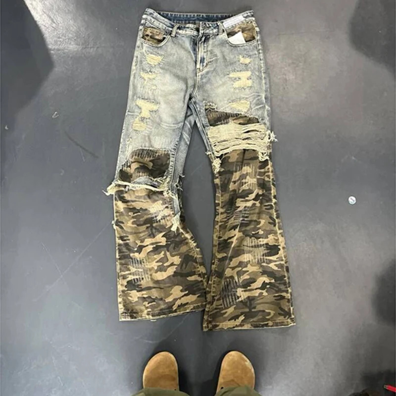 American Hip Hop Y2k Clothes Vintage Pants Camo Patchwork Jeans Mens Casual Straight Leg Pants er clothes men 250724