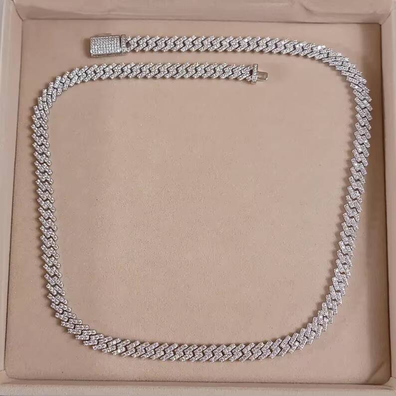 8mm VVS Moissanite Diamond Prong Link Chain 925 Sterling Silver Rhodium VVS1 Cuban Link Necklace