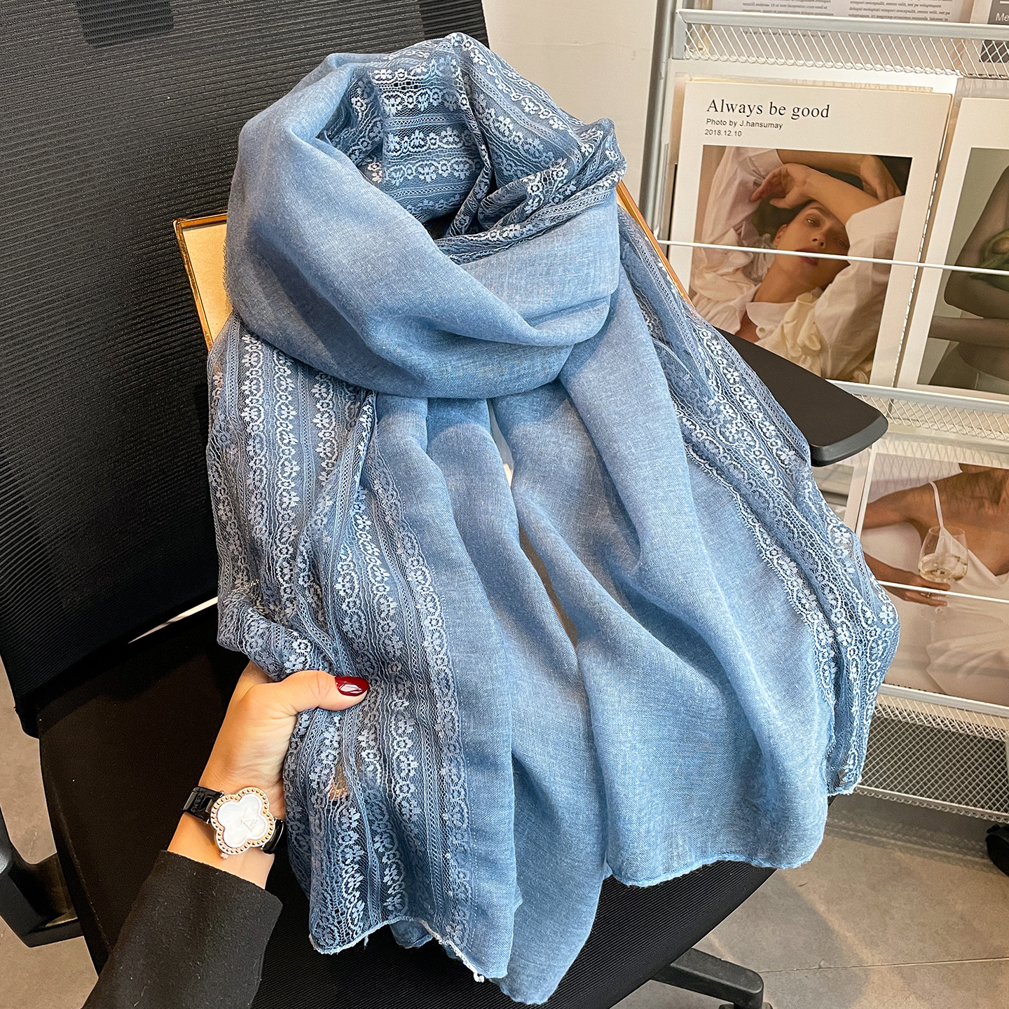 K1495 Linen lace cotton and linen thin scarf women's sun protection shawl dual-purpose spring and autumn hook flower hollow silk scarf solid colo