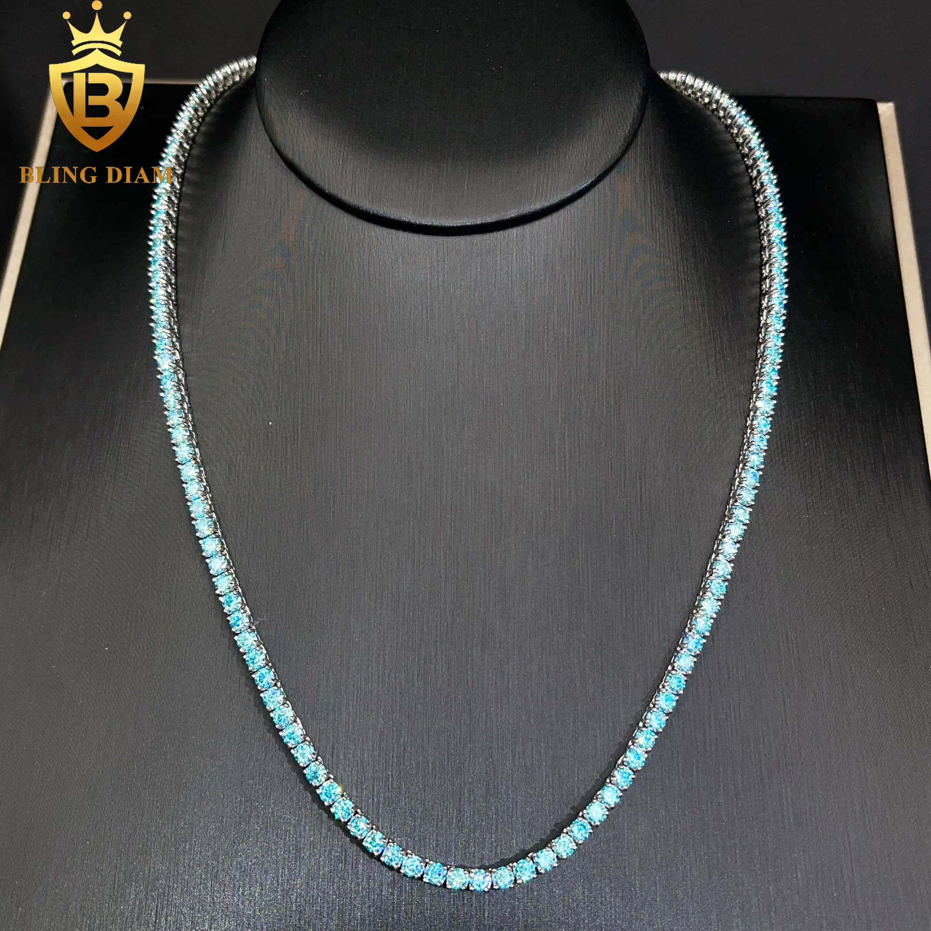 925 3mm-5mm Sterling Silver Rainbow Moissanite Blue Green Yellow Pink Tennis Chain Custom Natural Lab Grown Diamond Necklace