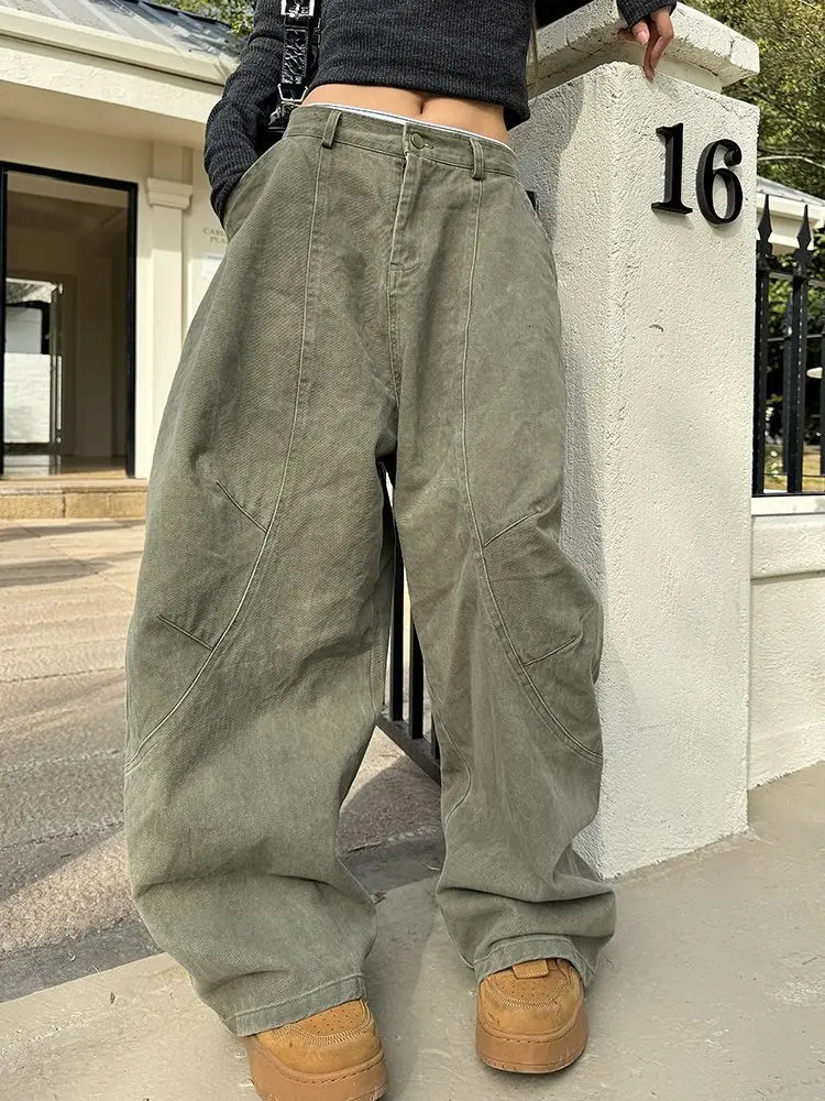 HOUZHOU Y2K Vintage Wash Women Cargo Jeans Harajuku Scimitar Wide Leg American Retro Denim Pants Baggy Trousers Gyaru Streetwear 250717