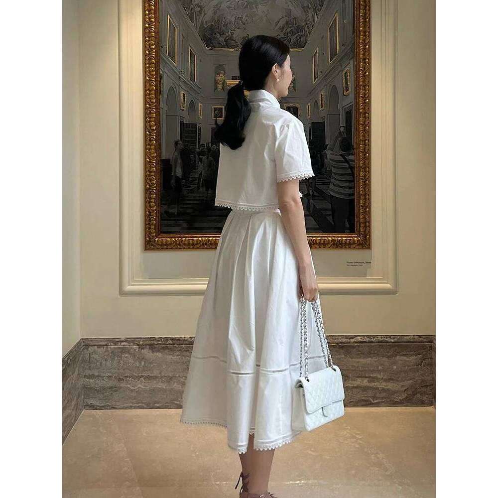 Elegant Two Piece Sets For Women Lapel Short Sleeve Tops High Waist A Line Pleated Skirts Solid Set Female Summer