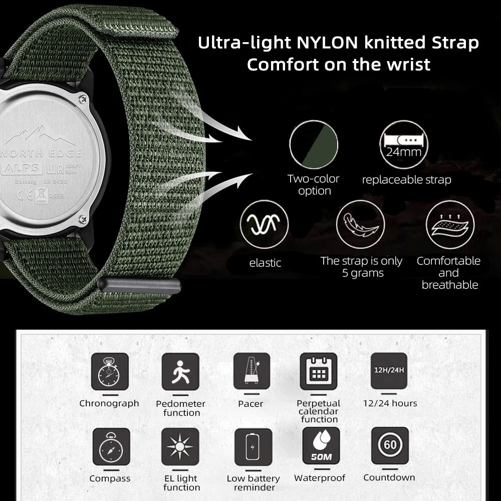 NORTH EDGE ALPS Mens Digital Carbon Fiber Watch Shock Military Sports Super Light Outdoor Compass Waterproof 50M Wristwatches 250724