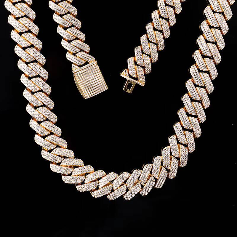 Custom Miami Hip Hop Style Gold Colour Cuban Link Chian 925 Sterling Silver Iced Out Moissanite Diamond Cuban Necklace for Men