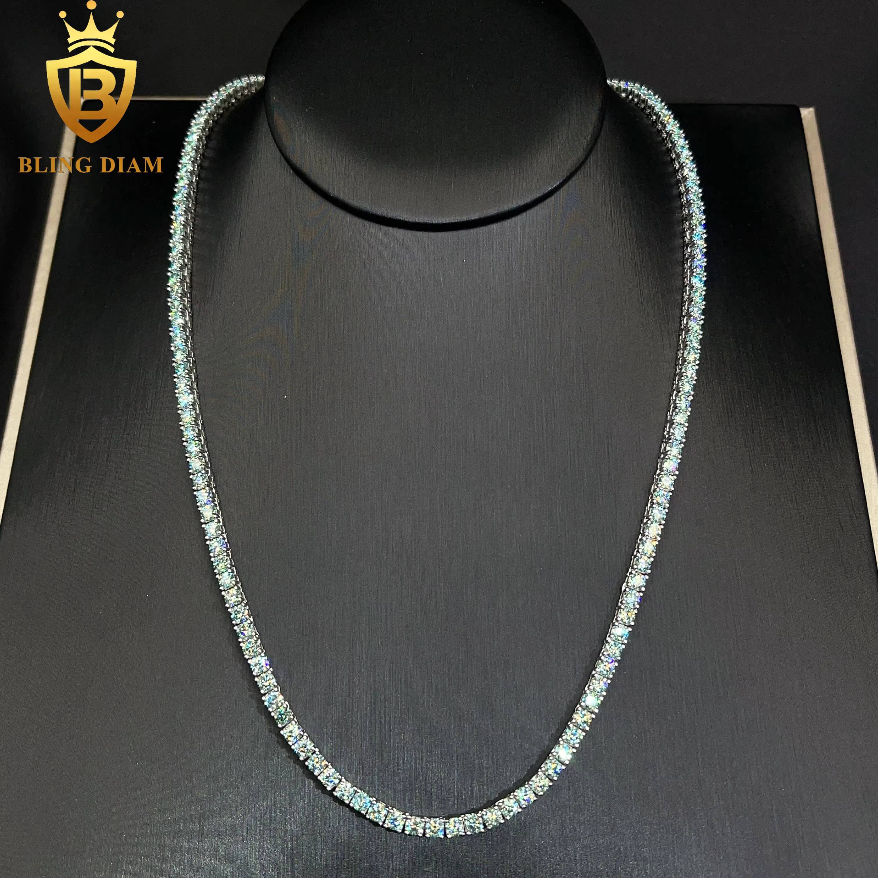 925 3mm-5mm Sterling Silver Rainbow Moissanite Blue Green Yellow Pink Tennis Chain Custom Natural Lab Grown Diamond Necklace