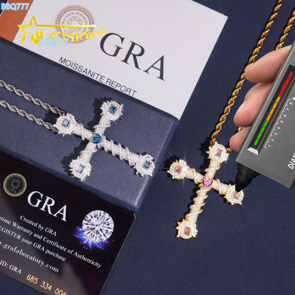 Wholesale Price Fast Shipping Iced Out Cross Pendant 925 Sterling Silver Gold Plated Colorful Moissanite Charms Pendant