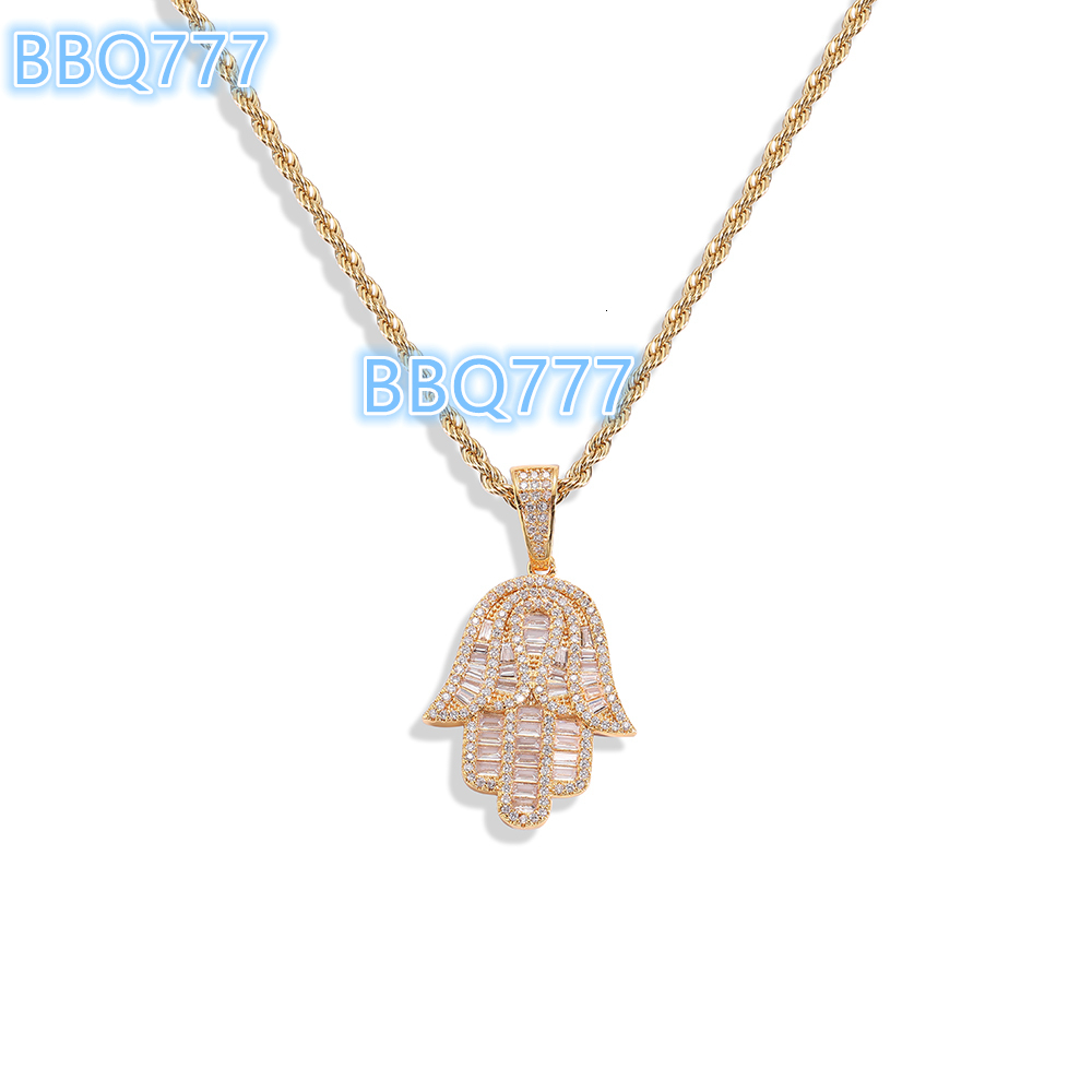 Baguette CZ Diamond Gold Plated Hamsa Fatima Hand Pendant Necklace Hiphop Jewelry Iced Out Zircon Stainless Steel Twist Chain