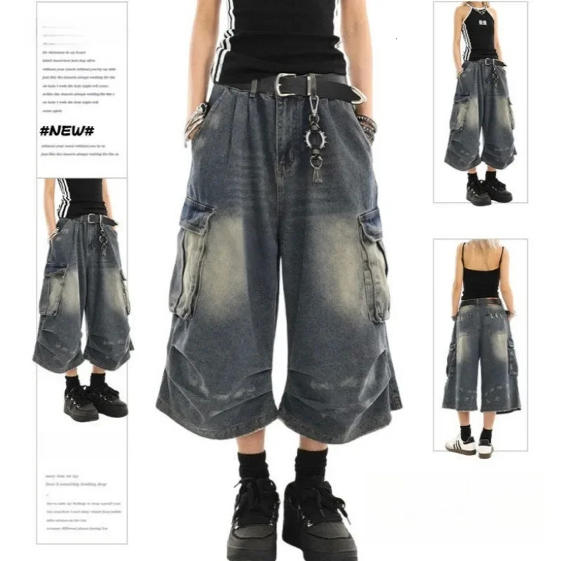 High Waist Retro Blue Washed Denim Shorts Harajuku Vintage Fashion Casual Loose Y2K Streetwear Wide Leg Cropped Pants 250717