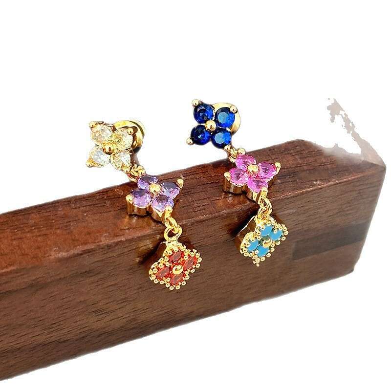 Real Gold Plated Zircon Colorful Flower Earrings Light High-end Studs Sweet Palace Style Ear Jewelry