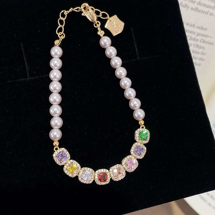 INS Luxury Jewelry Designer Bracelet For Women Colorful Square Diamond Splicing Pearl Bracelet Advanced shiny dopamine non fade Pearl Chain Full Diamo