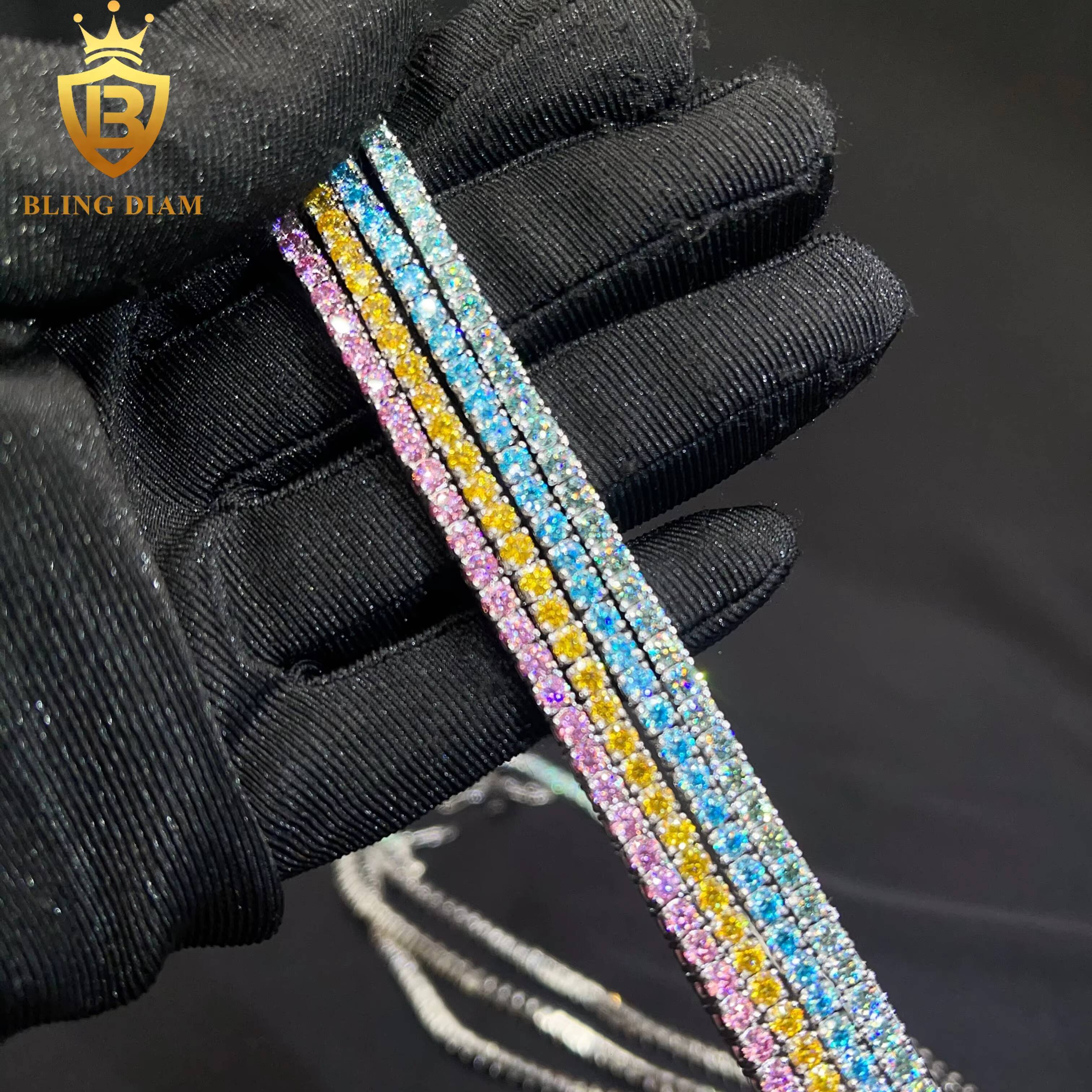 925 3mm-5mm Sterling Silver Rainbow Moissanite Blue Green Yellow Pink Tennis Chain Custom Natural Lab Grown Diamond Necklace