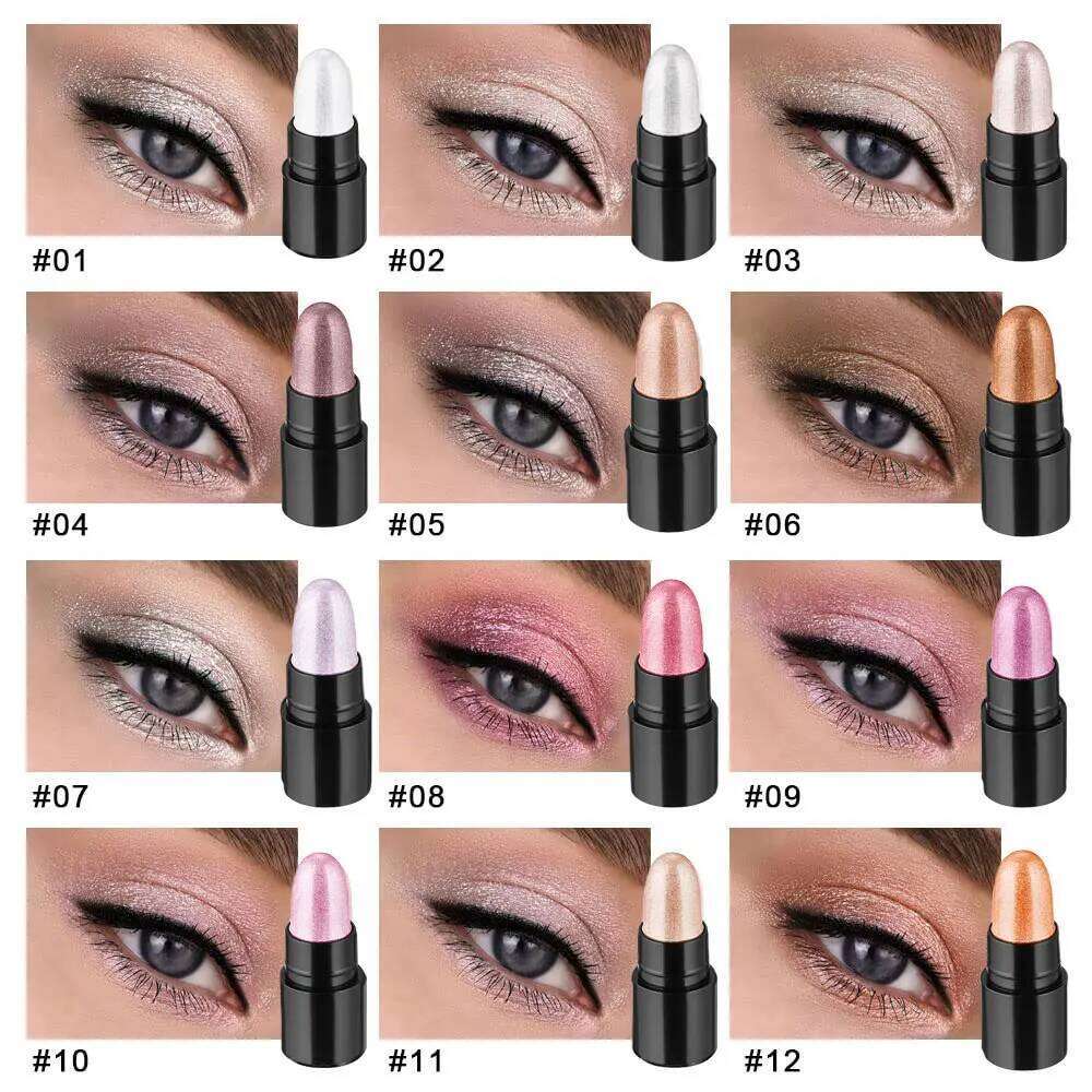 12 Colors Glitter Gradient Eye shadow Stick Pen Makeup Set, Waterproof Shimmer Pink Eyeshadow Sticks X250726