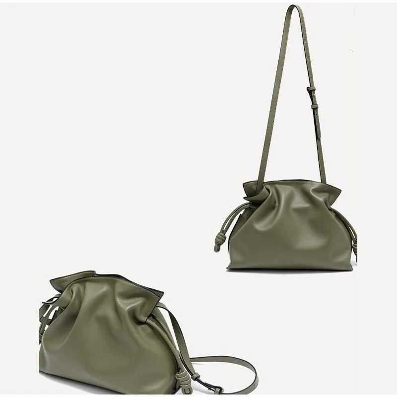 Drawstring Long Shoulder Bag Crossbody Pleated Design Cowhide Lucky Bag Female Fashion Clutch Bucket Bag Roomy Bags H260508