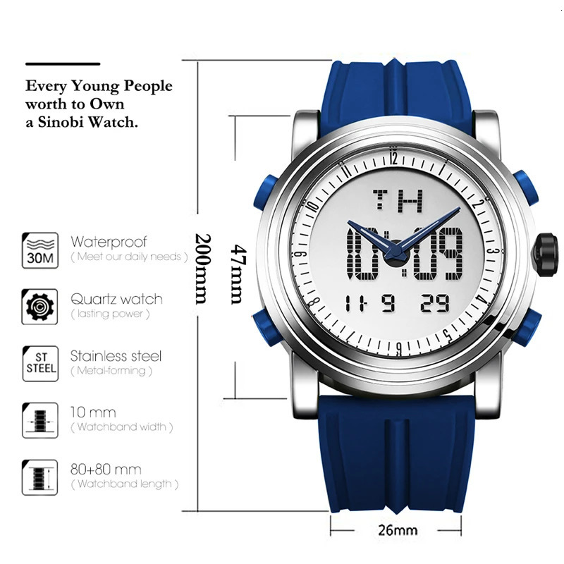 SINOBI Sports Chronograph Mens Wrist Watches Digital Quartz Double Movement Waterproof Diving Watchband Mens Clock 250724