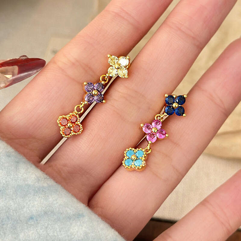 Real Gold Plated Zircon Colorful Flower Earrings Light High-end Studs Sweet Palace Style Ear Jewelry