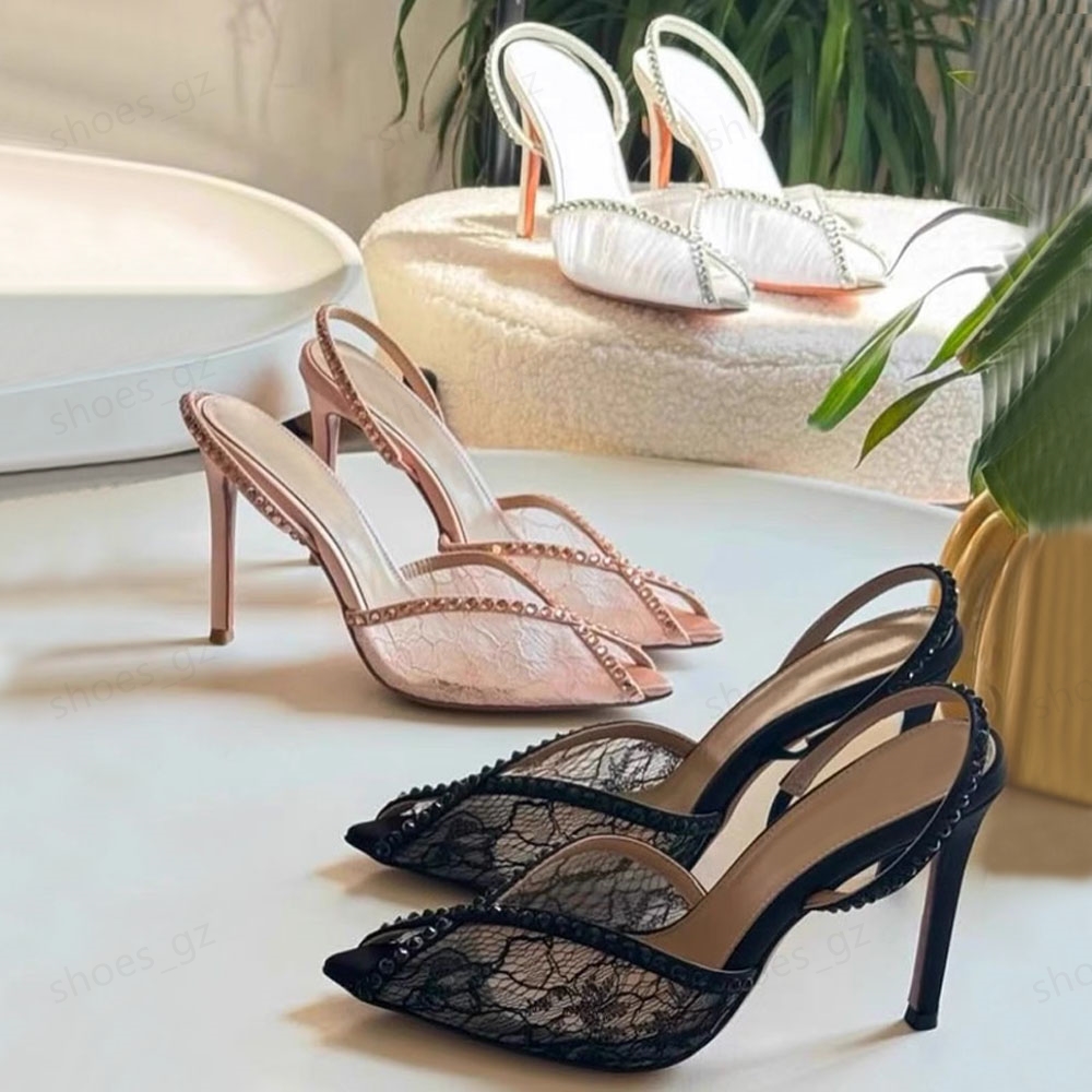 Designer rhinestone Embellished stiletto heel sandals Peep Toes Pointed toe Lace hollow sandals Slingbacks Evening Wedding Dress Shoes 9.5cm Bring box