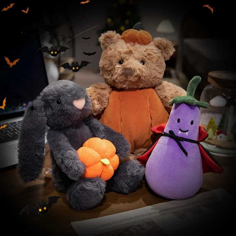 1 Cute Black Rabbit Holding Pumpkin Plush Toy Soft Pumpkin Bear Earphones and Cloak Egg Factory Stuffed Doll Halloween Tips or Treatment W250407