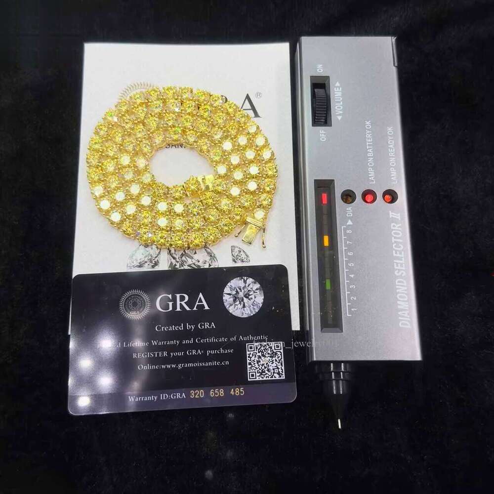 GRA Certified HipHop Sterling Sier 6.5mm Canary yellow Moissanite 16in 18in 20in 22in 24in Choker Tennis Chain Necklace