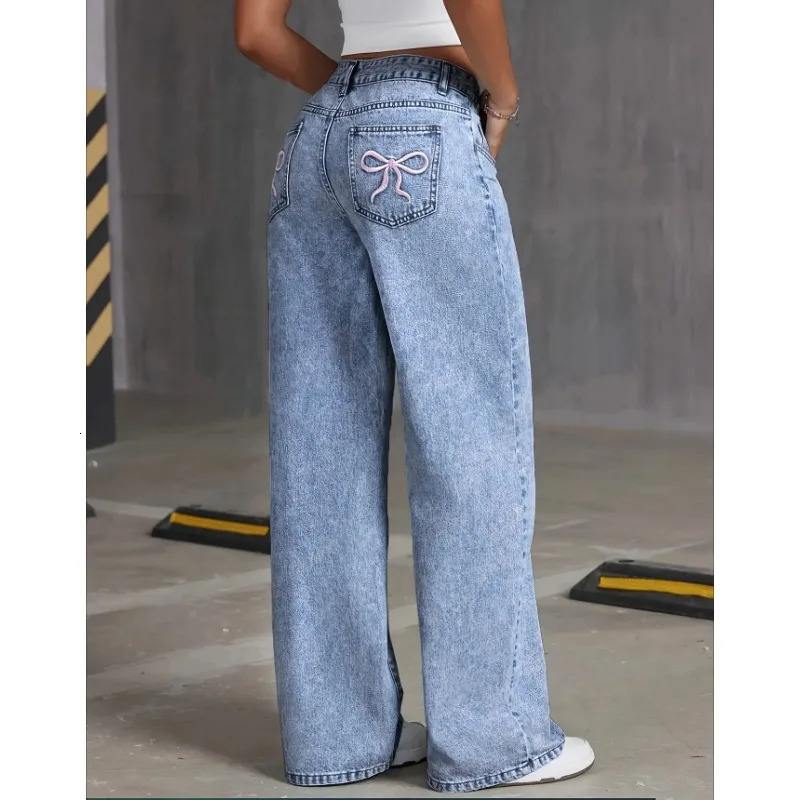 Denim Wide Leg Jeans High waisted Bow Embroidered Pocket Fashionable Womens Trousers Casual Style 250717