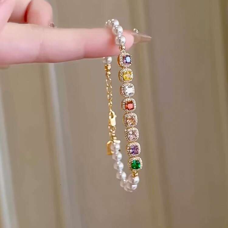 INS Luxury Jewelry Designer Bracelet For Women Colorful Square Diamond Splicing Pearl Bracelet Advanced shiny dopamine non fade Pearl Chain Full Diamo