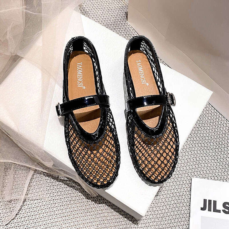35-43 Breathable Mesh Flat One Strap Single Shoes Mary Jane Sandals Women